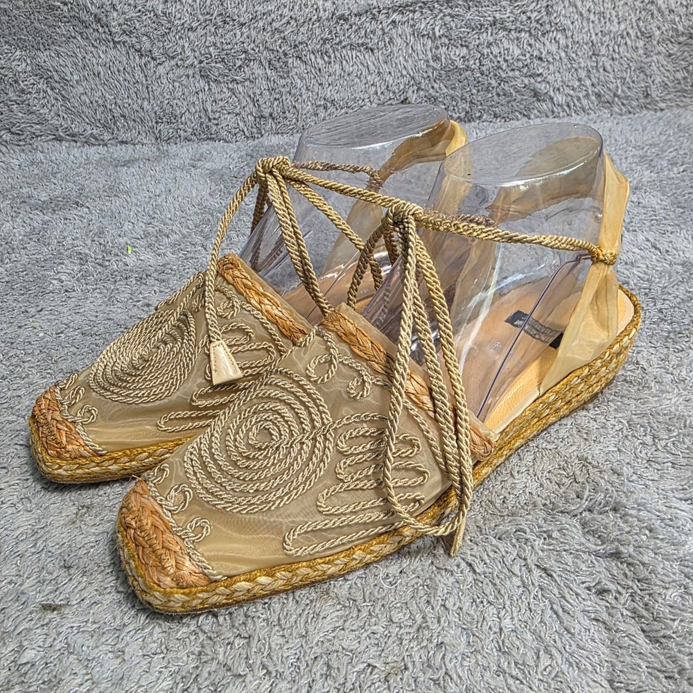 VTG Stuart Weitzman Espadrille Sandals Gold Satin Brocade Ankle Wrap 8B ROMANTIC
